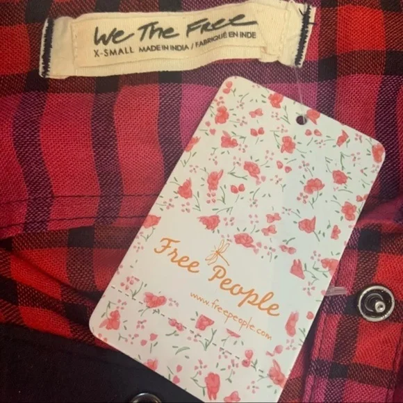 New We The Free People Red Plaid Combo Boho Gathered Peplum Top NWT - Picture 13 of 16